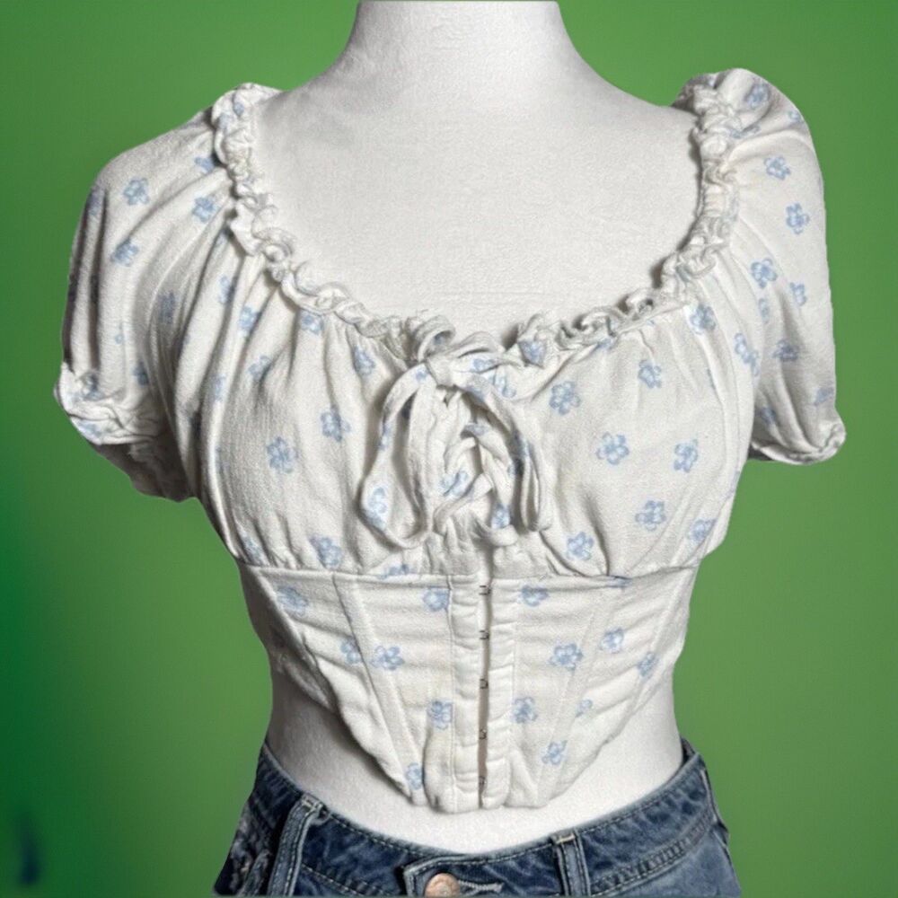 L.A. Hearts Women's S Foral Lace Up Corset Crop Top White Boho with boning